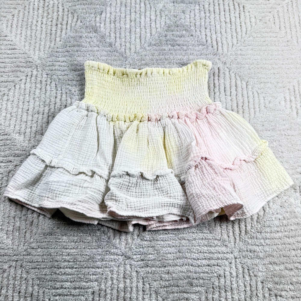Karlie Tiered Mini Skirt Women's Medium Yellow Pink Tie Dye Smocked Boho Ruffle